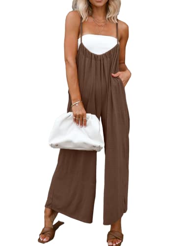 DEEP SELF Damen Casual Lose Ärmellose Jumpsuits Verstellbare Spaghettiträger Weites Bein Baggy Overall mit Taschen, dark coffee, Small von DEEP SELF