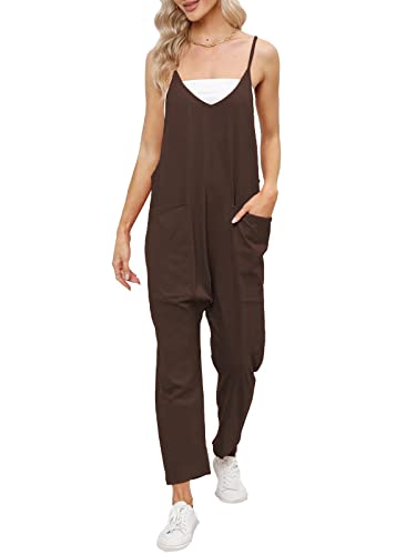 DEEP SELF Damen-Jumpsuit, locker, lässig, V-Ausschnitt, ärmellos, verstellbare Spaghettiträger, Haremshose, Overalls mit Taschen, dark coffee, X-Large von DEEP SELF