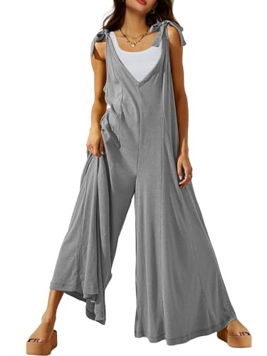 DEEP SELF Damen-Jumpsuit für den Sommer, lässig, ärmellos, weites Bein, langer Strampler, V-Ausschnitt, Bindeband, locker, Baggy-Overall mit Taschen, Hellgrau, Medium von DEEP SELF