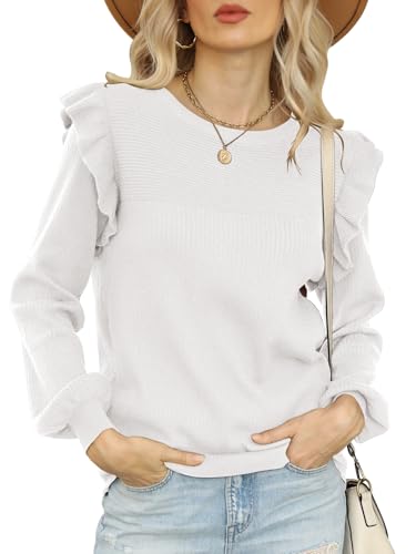 DEEP SELF Damen Langarm Pullover Rüschen Pullover für Frauen Casual Herbst Sweatshirts Gemütlicher Strickpullover Pullover Tops, Weiß, Mittel von DEEP SELF