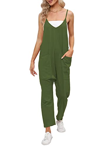 DEEP SELF Damen Lose Casual V-Ausschnitt Ärmellos Jumpsuits Verstellbare Spaghettiträger Harem Lange Hosen Overalls mit Taschen, Grün (Army Green), X-Large von DEEP SELF