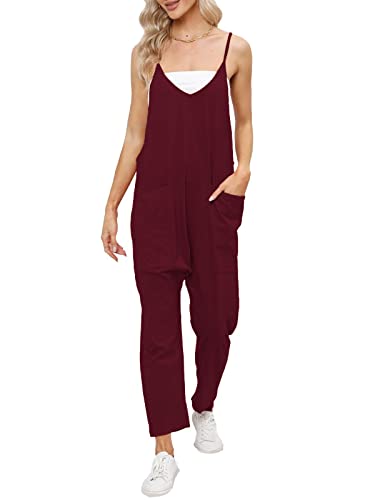 DEEP SELF Damen Lose Casual V-Ausschnitt Ärmellos Jumpsuits Verstellbare Spaghettiträger Harem Lange Hosen Overalls mit Taschen, Burgunder, X-Large von DEEP SELF