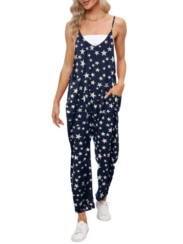 DEEP SELF Damen Lose Casual V-Ausschnitt Ärmellose Jumpsuits Verstellbare Spaghettiträger Harem Lange Hosen Overalls mit Taschen, C-blaue Sterne, XXX-Large von DEEP SELF