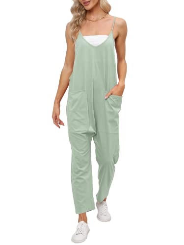 DEEP SELF Damen Lose Casual V-Ausschnitt Ärmellose Jumpsuits Verstellbare Spaghettiträger Harem Lange Hosen Overalls mit Taschen, Grau / Grün, Medium von DEEP SELF