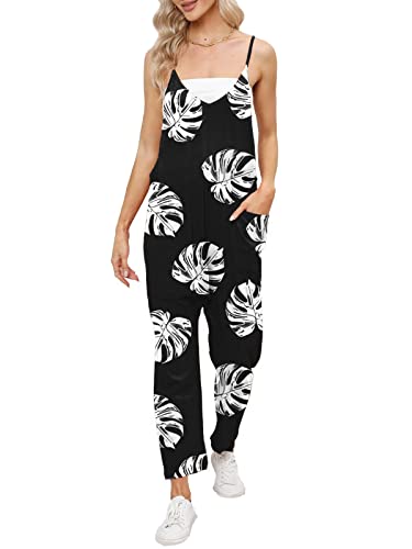 DEEP SELF Damen Lose Casual V-Ausschnitt Ärmellose Jumpsuits Verstellbare Spaghettiträger Harem Lange Hosen Overalls mit Taschen, Schwarzes Blatt, Medium von DEEP SELF