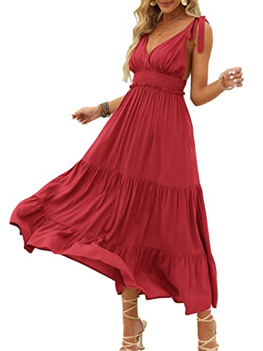 DEEP SELF Damen Sommer Boho V Ausschnitt Tie-Träger Maxikleid Flowy Swing Rüschen Saum Spaghettiträger Langes Kleid Urlaub, 6-rot, Mittel von DEEP SELF