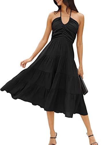 DEEP SELF Damen Sommer Halfter Gesmoktes Midikleid Ärmellos V Ausschnitt Rüschen Gestuftes Swing Flowy A Linie Strand Sommerkleid, 1-schwarz, Klein von DEEP SELF