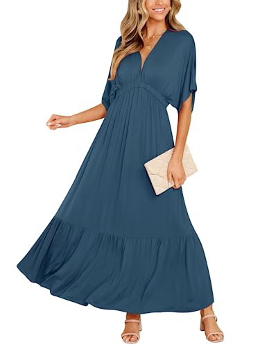 DEEP SELF Damen Sommer V-Ausschnitt Fledermaus Kurzarm Maxikleid Casual Lose Hohe Taille Flowy Lange Strandkleid, Dunkelblau, Groß von DEEP SELF