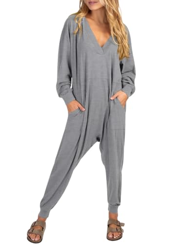 DEEP SELF Langärmeliger Damen-Overall, lockere Passform, bequem, V-Ausschnitt, Harems-Jumpsuits mit Taschen, GRAU, Medium von DEEP SELF