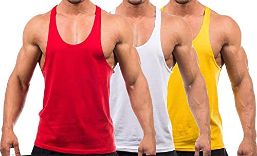 Herren Stringer Gym Tank Top Shirt Print Baumwolle Bodybuilding Sport Weste, 3 Stück, rot, weiß, gelb, M/L von DEERMEI