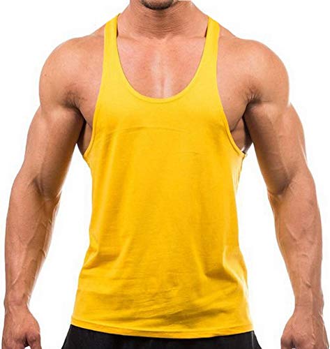 Herren Stringer Gym Tank Top Shirt Print Baumwolle Bodybuilding Sport Weste, gelb, L von DEERMEI