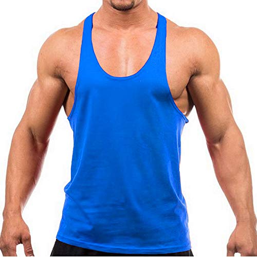 Herren Stringer Gym Tank Top Shirt Print Baumwolle Bodybuilding Sport Weste Gr. S, blau von DEERMEI