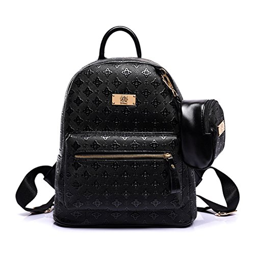 DEERWORD Damen Rucksack Taschen Frauen Elegant Tasche Stadtrucksack Rucksackhandtasche Vintage PU-Leder 5703 2-teilig Set Schwarz von DEERWORD