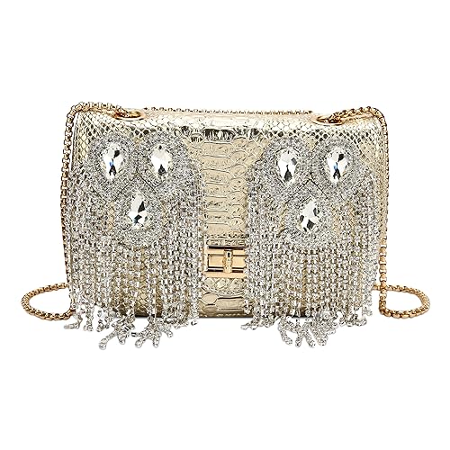 DEEVORCA Damen Elegant Kette Umhängetaschen Mode Strass Quaste Crossbody Bag Dating Arbeiten Party Hochzeit Pu Leder Exquisit Abendtasche Messenger Handtaschen Frauen Clutch Bag Gold von DEEVORCA