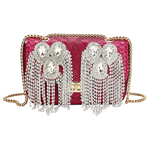 DEEVORCA Damen Elegant Kette Umhängetaschen Mode Strass Quaste Crossbody Bag Dating Arbeiten Party Hochzeit Pu Leder Exquisit Abendtasche Messenger Handtaschen Frauen Clutch Bag Rot von DEEVORCA