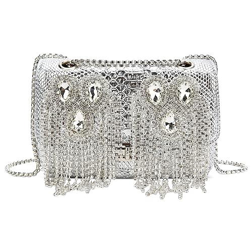 DEEVORCA Damen Elegant Kette Umhängetaschen Mode Strass Quaste Crossbody Bag Dating Arbeiten Party Hochzeit Pu Leder Exquisit Abendtasche Messenger Handtaschen Frauen Clutch Bag Silber von DEEVORCA