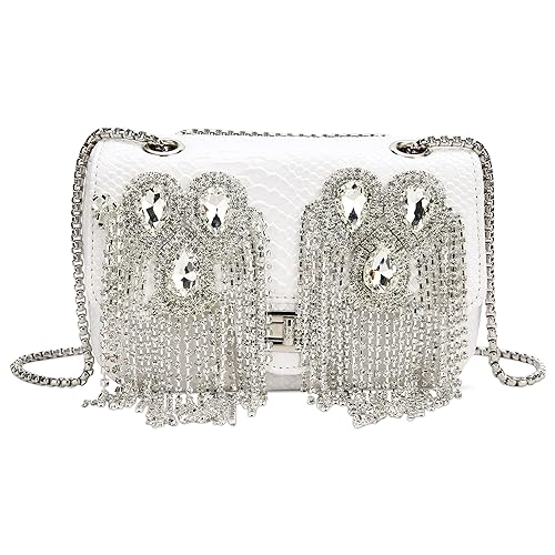 DEEVORCA Damen Elegant Kette Umhängetaschen Mode Strass Quaste Crossbody Bag Dating Arbeiten Party Hochzeit Pu Leder Exquisit Abendtasche Messenger Handtaschen Frauen Clutch Bag Weiß von DEEVORCA