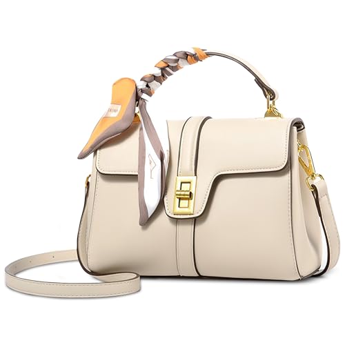 DEEVORCA Damen Handtasche Elegant – PU Leder Wasserdicht Schultertasche mit Seidentuch Deko, Mehrere Fächer & Klappdesign, Verstellbarer Gurt, Alltag Büro Reisen Feier (Sanftes Beige，L) von DEEVORCA