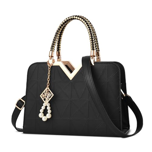 DEEVORCA Damen Handtasche Exquisit Frauen Umhängetasche Modischer Perlenanhänger V förmige Metalldekoration Damen Schultertasche Strand Reisen Einkaufen Damen Tragetasche Wasserdicht PU Leder Schwarz von DEEVORCA