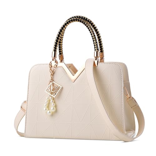 DEEVORCA Damen Handtasche Exquisit Frauen Umhängetasche Modischer Perlenanhänger V förmige Metalldekoration Damen Schultertasche Strand Reisen Einkaufen Damen Tragetasche Wasserdicht PU Leder Weiß von DEEVORCA