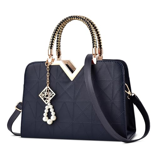 DEEVORCA Damen Handtasche Exquisit Frauen Umhängetasche Modischer Perlenanhänger V förmige Metalldekoration Damen Schultertasche Strand Reisen Einkaufen Damen Tragetasche Wasserdicht PU Leder Blau von DEEVORCA