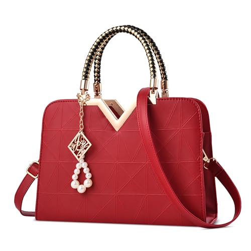 DEEVORCA Damen Handtasche Exquisit Frauen Umhängetasche Modischer Perlenanhänger V förmige Metalldekoration Damen Schultertasche Strand Reisen Einkaufen Damen Tragetasche Wasserdicht PU Leder Rot A von DEEVORCA