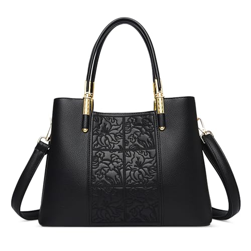 DEEVORCA Damen Handtasche Vintage Frau Schultertasche Exquisites Stickdesign Mehrere Taschen Abnehmbarer Schultergurt Arbeit Geschäft Treffen Messenger Tasche Wasserdichtes Echtleder Schwarz von DEEVORCA