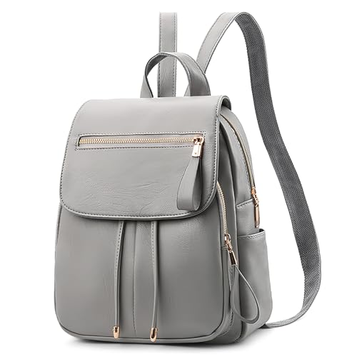 DEEVORCA Damen Mode Einfach Rucksack Lässig Arbeiten Dayback Schultertaschen Reisen Einkaufen PU Leder Wasserdicht Mittel Anti-Diebstahl Cityrucksack Mehrere Taschen Handtaschen Grau von DEEVORCA