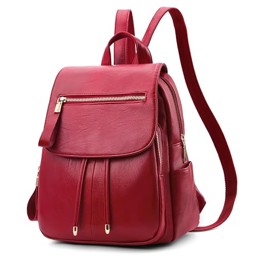 DEEVORCA Damen Mode Einfach Rucksack Lässig Arbeiten Dayback Schultertaschen Reisen Einkaufen PU Leder Wasserdicht Mittel Anti-Diebstahl Cityrucksack Mehrere Taschen Handtaschen Rot von DEEVORCA