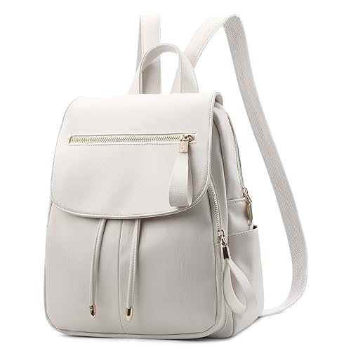 DEEVORCA Damen Mode Einfach Rucksack Lässig Arbeiten Dayback Schultertaschen Reisen Einkaufen PU Leder Wasserdicht Mittel Anti-Diebstahl Cityrucksack Mehrere Taschen Handtaschen Weiß von DEEVORCA