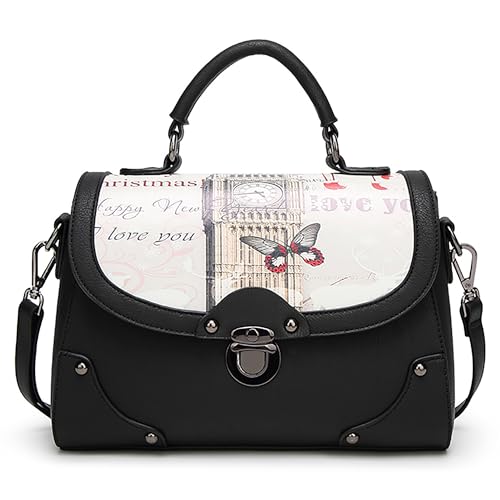 DEEVORCA Damen Retro Handtasche Mode Gedruckt Schultertasche Lässig Mittel Pu Leder Umhängetasche für Arbeiten Party Reisen Dating Messenger Umhängetaschen Henkeltaschen Schwarz von DEEVORCA