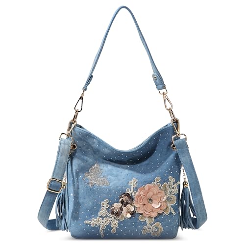 DEEVORCA Damen Umhängetasche Bußgeld Crossbody Tasche Quasten Anhänger Blumendekoration Abnehmbarer Schulterriemen Einkaufen Arbeit Reise Damen Schultertasche Denim von DEEVORCA