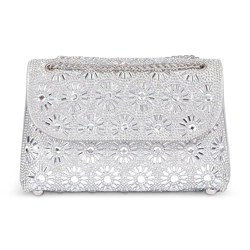 DEEVORCA Damen Umhängetaschen Crossbody Bag Strasssteine Kettenschultergurt Mode Messenger Bag Reisen Party Einkaufen Frauen Clutch Bags Wasserdicht PU Silber von DEEVORCA