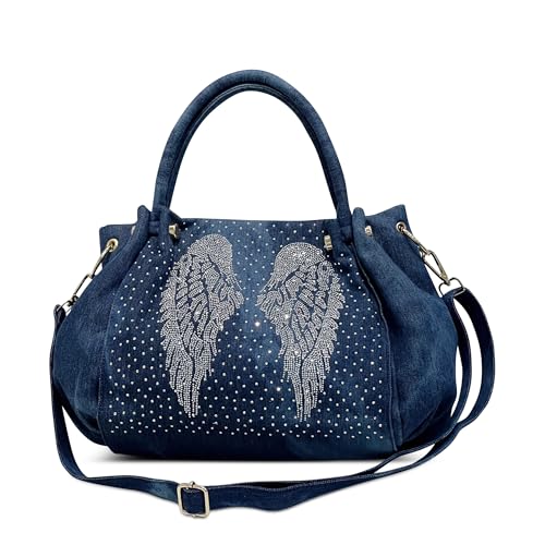 DEEVORCA Damen Umhängetaschen Mode Frauen Handtasche Strass Flügel Dekoration Mehrere Taschen Abnehmbarer Schultergurt Crossbody Dating Reisen Shopping Messenger Taschen Canvas Blau A von DEEVORCA