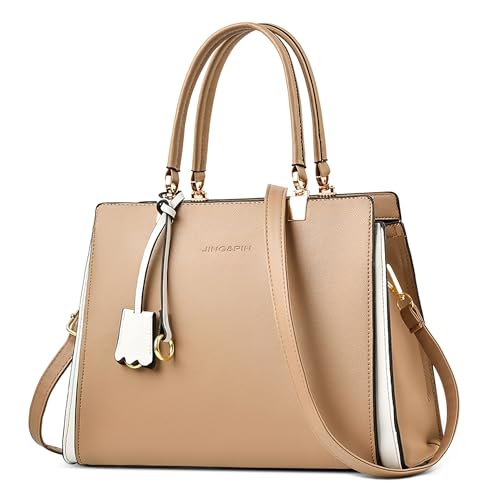 DEEVORCA Elegant Damen Henkeltasche Mode Leicht Schultertasche mit Griff Grosse Kapazität Tasche Tote Bag für Shopper Reise Täglich Urlaub Business Arbeiten PU Leder Damen Handtaschen Khaki von DEEVORCA