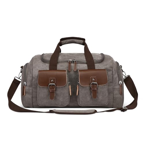 DEEVORCA Elegant Herren Leinwand Reisetasche 50L Grosse Kapazität Weekender Tasche Umhängetasche für Business Lässig Camping Wandern Draussen Canvas Vintage Herren Sporttasche Grau von DEEVORCA