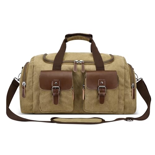 DEEVORCA Elegant Herren Leinwand Reisetasche 50L Grosse Kapazität Weekender Tasche Umhängetasche für Business Lässig Camping Wandern Draussen Canvas Vintage Herren Sporttasche Khaki von DEEVORCA