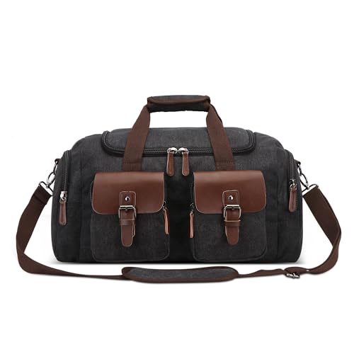 DEEVORCA Elegant Herren Leinwand Reisetasche 50L Grosse Kapazität Weekender Tasche Umhängetasche für Business Lässig Camping Wandern Draussen Canvas Vintage Herren Sporttasche Schwarz von DEEVORCA