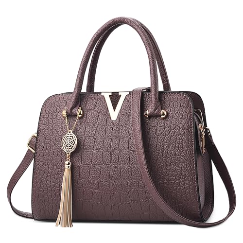DEEVORCA Elegante Damen Handtasche Krokodilmuster Tragetasche Goldenes V Logo Quastenschmuck Umhängetasche Verabredungen Schultertaschen Abend Messenger Bag Wasserdichtes PU Leder Amethystviolett von DEEVORCA