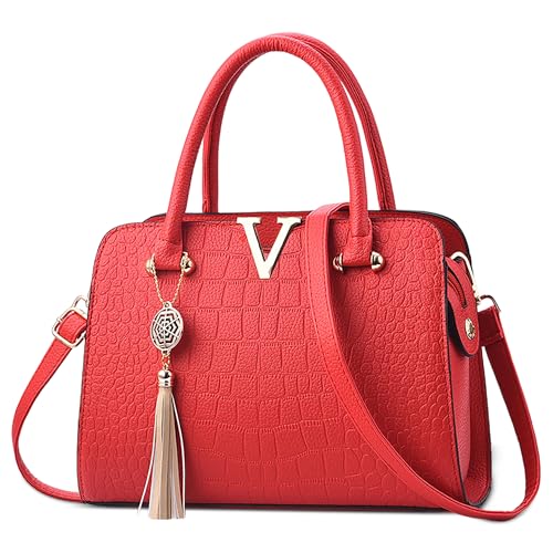 DEEVORCA Elegante Damen Handtasche Krokodilmuster Tragetasche Goldenes V Logo Quastenschmuck Umhängetasche Verabredungen Schultertaschen Abend Messenger Bag Wasserdichtes PU Leder Leuchtendes Rot von DEEVORCA