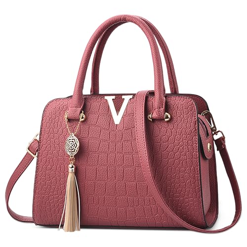 DEEVORCA Elegante Damen Handtasche Krokodilmuster Tragetasche Goldenes V Logo Quastenschmuck Umhängetasche Verabredungen Schultertaschen Abend Messenger Bag Wasserdichtes PU Leder Rosenrot von DEEVORCA
