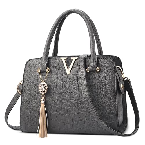 DEEVORCA Elegante Damen Handtasche Krokodilmuster Tragetasche Goldenes V Logo Quastenschmuck Umhängetasche Verabredungen Schultertaschen Abend Messenger Bag Wasserdichtes PU Leder Schiefergrau von DEEVORCA