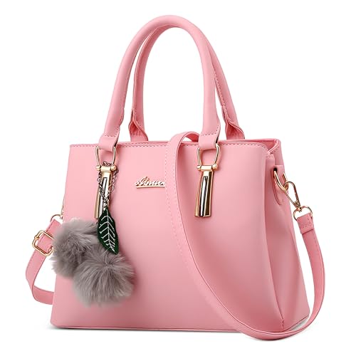 DEEVORCA Elegante Damen Handtasche Mode Schultertasche mit Süßem Pompom-Anhänger Mehrere Taschen Henkeltasche für Reise Urlaub Business Täglich PU Leder Damen Kuriertaschen Rosa von DEEVORCA