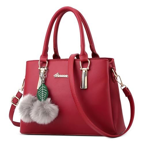 DEEVORCA Elegante Damen Handtasche Mode Schultertasche mit Süßem Pompom-Anhänger Mehrere Taschen Henkeltasche für Reise Urlaub Business Täglich PU Leder Damen Kuriertaschen Rot von DEEVORCA