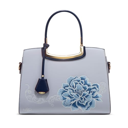 DEEVORCA Handtasche für Damen Exquisit Frau Umhängetasche Pfingstrosen Stickmuster Ausreichend Platz Abnehmbarer Schultergurt Totebag Tourismus Hochzeit Alltag Einkaufstasche Wasserdichtes PU Blau von DEEVORCA