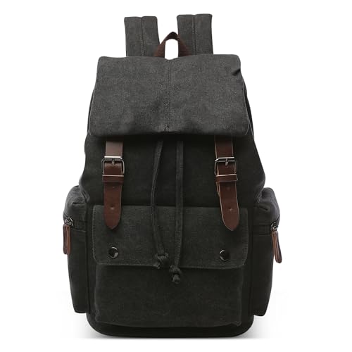 DEEVORCA Herren Mode Rucksack Große Kapazität Retro Schulrucksack 15.6 Zoll Laptoptasche Tagesrucksack für Reisen Lässig Arbeit Schule Camping Täglich Wandern Leinwand Herren Backpack Schwarz von DEEVORCA