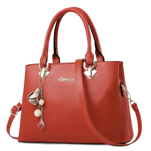 DEEVORCA Damen Handtasche – Elegante PU Leder Schultertasche mit Anhänger, Mehreren Fächern & Viel Stauraum – Perfekt für Arbeit, Universität, Freizeit, Reisen & Geschenk (Klassisches Rot,L) von DEEVORCA
