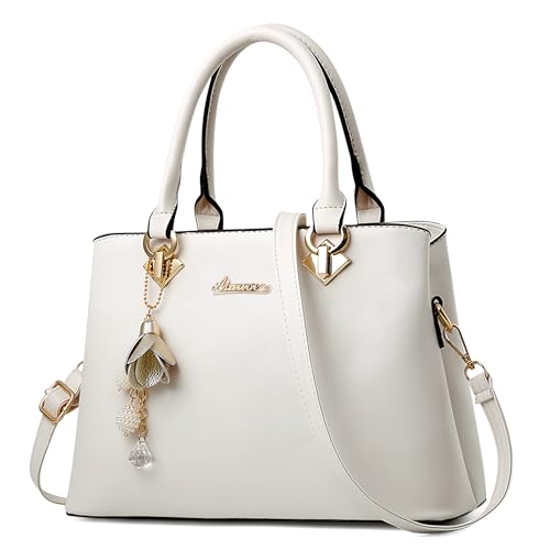 DEEVORCA Damen Handtasche – Elegante PU Leder Schultertasche mit Anhänger, Mehreren Fächern & Viel Stauraum – Perfekt für Arbeit, Universität, Freizeit, Reisen & Geschenk (Elegantes Weiß,L) von DEEVORCA