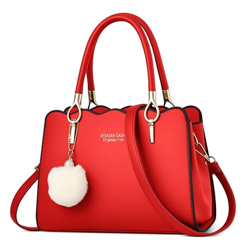 DEEVORCA Klassisch Damen Handtaschen Elegant Tasche Tote Bag Süßem Pompom-Anhänger Leicht Schultertasche für Reise Urlaub Business Täglich PU Leder Damen Groß Henkeltasche Rot von DEEVORCA