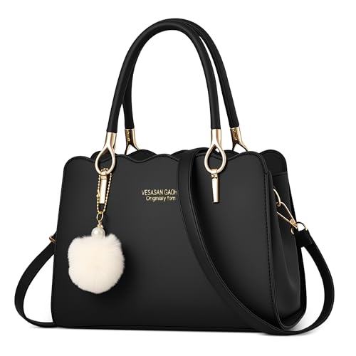 DEEVORCA Klassisch Damen Handtaschen Elegant Tasche Tote Bag Süßem Pompom-Anhänger Leicht Schultertasche für Reise Urlaub Business Täglich PU Leder Damen Groß Henkeltasche Schwarz von DEEVORCA